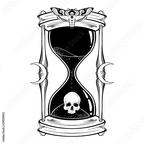 Human skull in hourglass isolated. Sticker, print or blackwork tattoo hand drawn vector illustration.