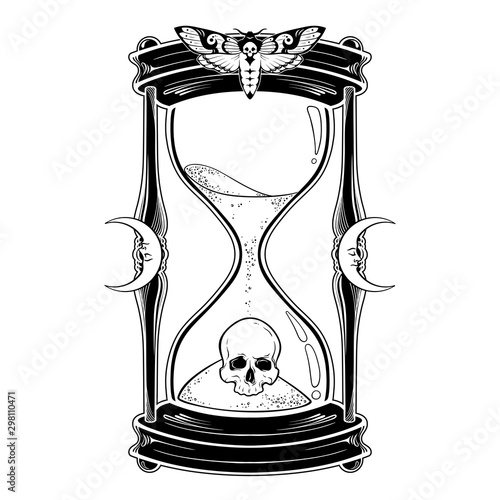 Human skull in hourglass isolated. Sticker, print or blackwork tattoo hand drawn vector illustration.