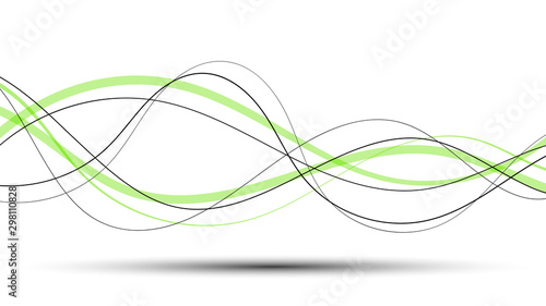 Abstract curved and wave black and green lines on a white background and shadow