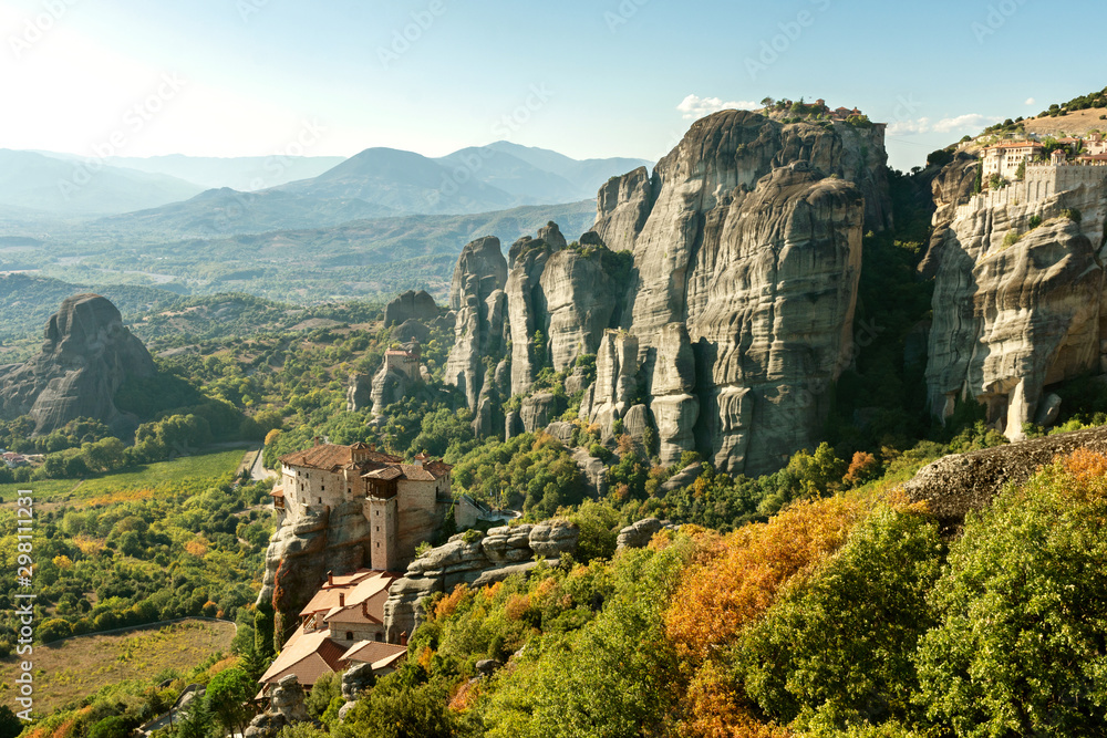 view of Meteora orthodox churches on the tops of rocks, monasteries on height, meteoric rocks, soaring in the air, Kalambaka, Thessaly, Greece