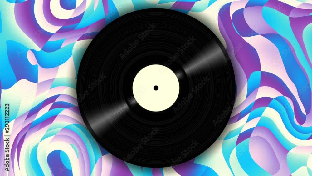 Spinning vinyl discs on abstract moving background. Seamless looping footage.