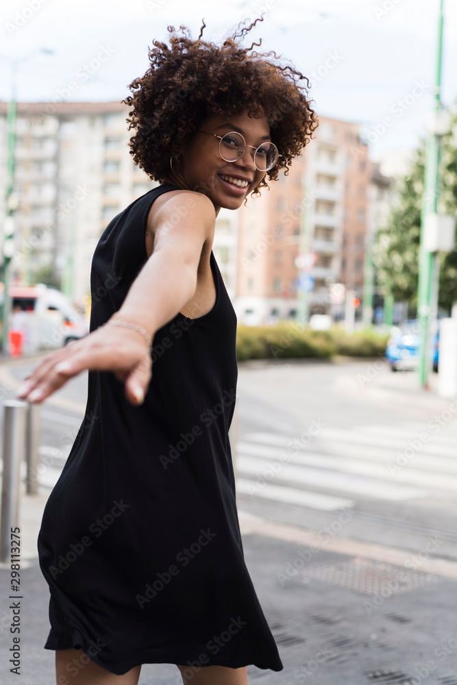 Happy black woman in the city Happy black woman in the city
