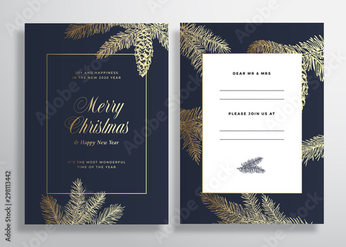 Christmas and New Year Abstract Vector Greeting Card, Poster or Background. Back and Front Design Layout with Classy Typography. Sketch Pine Branches, Strobile. Golden Gradient Invitation