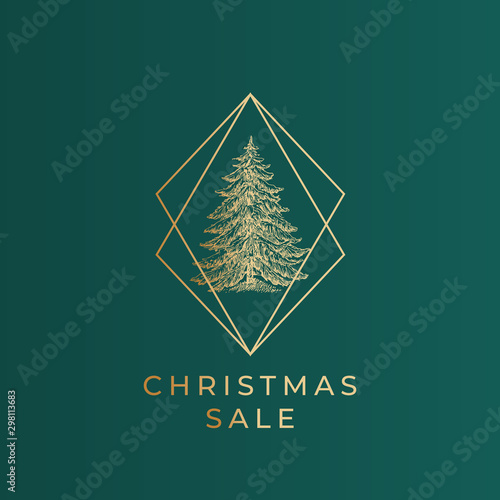 Christmas sale greetings vector banner template. Gold ink fir pine tree in square frame on dark green background. Elegant Xmas wishes postcard design. Stylish Merry Christmas social media post layout