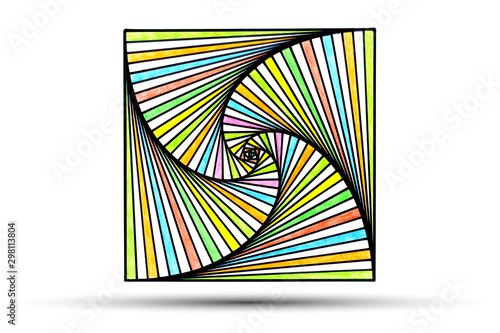 Abstract black square with colourful spiral lines pattern and shadow