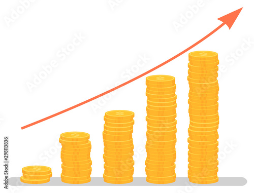 Profit increase graph, investment growth graphic. Coins stack and arrow, business and finance, development chart, banking and economy, statistics. Vector illustration in flat cartoon style