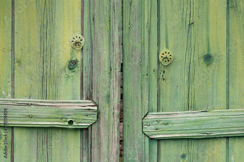 close up of wooden doors with weathered green paint and two doorknobs in Kalarites, Greece photo