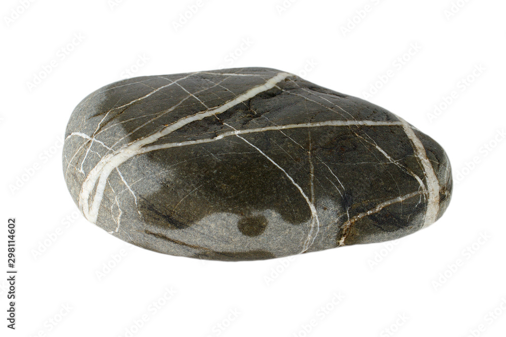Dark-colored sea stone with white stripes on a white isolated background. Dark-colored sea stone with white stripes on a white isolated background.