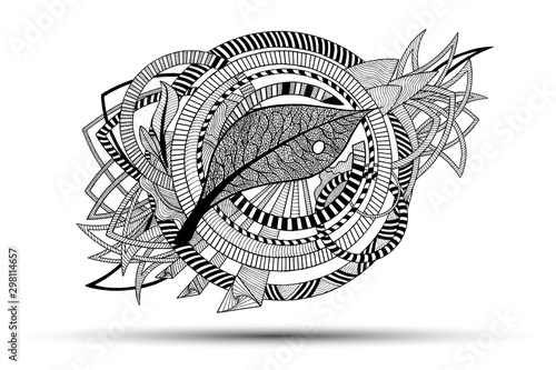 Abstract black picture with a leaf, circles and lot of elements and shadow