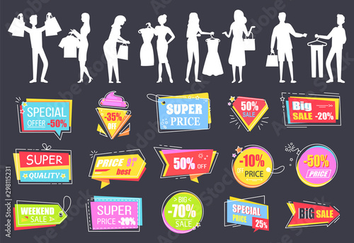 Shopping people on Black friday sale, isolated silhouettes of man and woman with bags and purchases. Premium quality goods, clearance sellout banners. Vector illustration in flat cartoon style