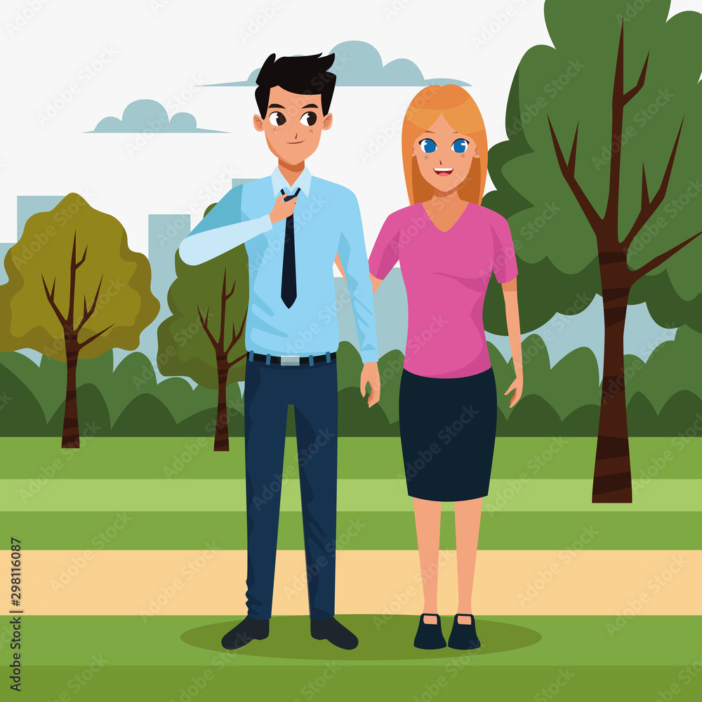 cartoon couple in the park, colorful design cartoon couple in the park, colorful design