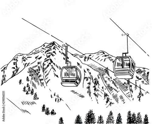 Snow mountains with ski lifts. Line art style.