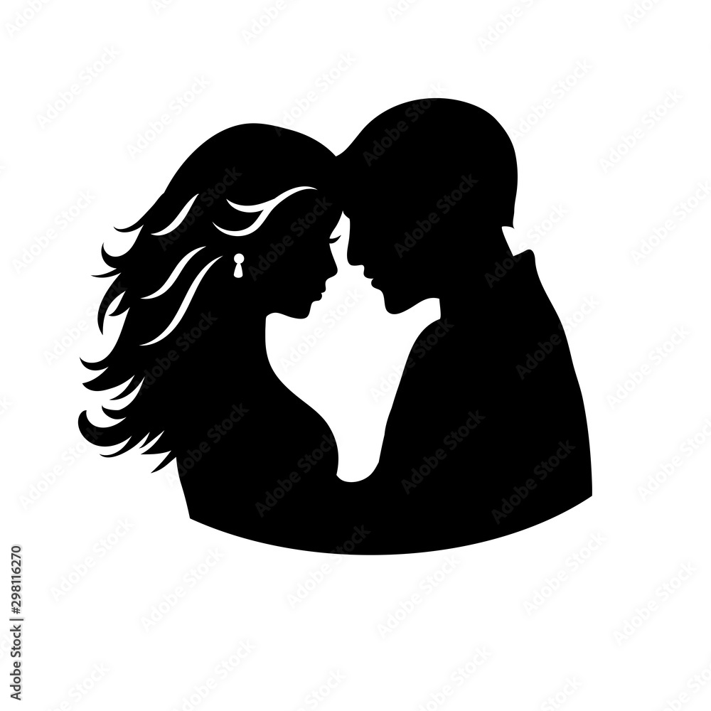 Laser cut template of male and female silhouette opposite each other. Couple in love are embrace. Bride and groom for wedding invitation card or table topper. Faces in profile at Valentine's day.