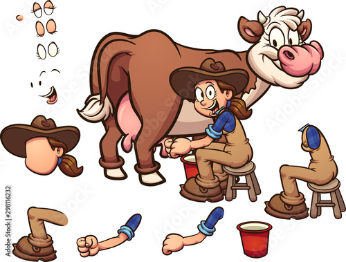 Cartoon farm girl milking a cow clip art. Vector illustration with simple gradients. Some elements on separate layers. 