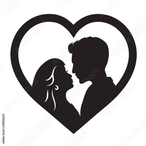 Laser cut template of male and female silhouette opposite each other. Couple in love. Bride and groom in heart frame for wedding invitation card or table topper. Faces in profile at Valentine's day.