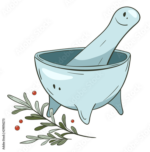 Hand drawn Mortar and Pestle with herbs. Vector illustration.