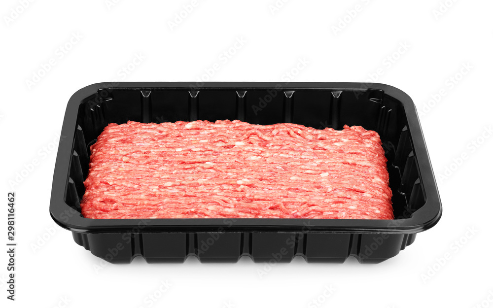Minced meat in black plastic container on a white background Minced meat in black plastic container on a white background