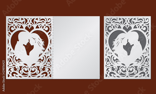 Laser cut template of wedding invitation with bride and groom in the heart frame. Fold card with openwork vector silhouette. Couple in love in lace decor panel. Faces in profile at Valentine's day.