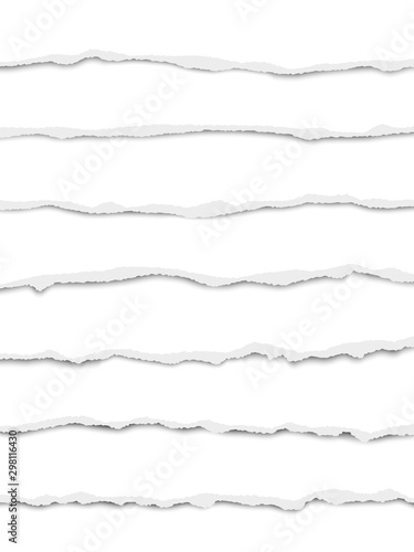 Seven oblong torn bright white paper fragments placed one under another with soft shadow. Vector paper template.