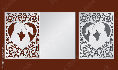 Laser cut template of wedding invitation with bride and groom in the heart frame. Fold card with openwork vector silhouette. Couple in love in lace decor panel. Faces in profile at Valentine's day.