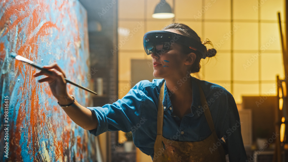 Talented Female Artist Wearing Augmented Reality Headset Working on Abstract Painting, Uses