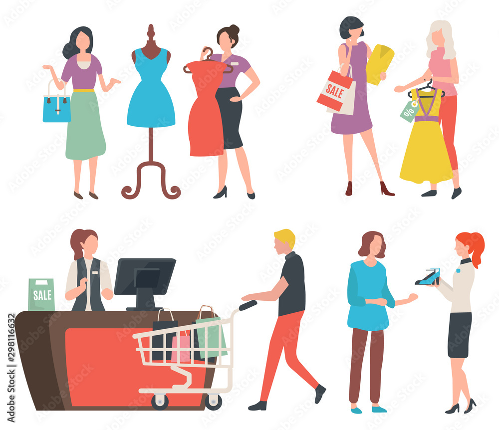 Fototapeta premium People shopping, isolated cashier counter and client with trolley and purchases. Fashion advisor and customer, dress on mannequin, shoes offer. Vector illustration in flat cartoon style