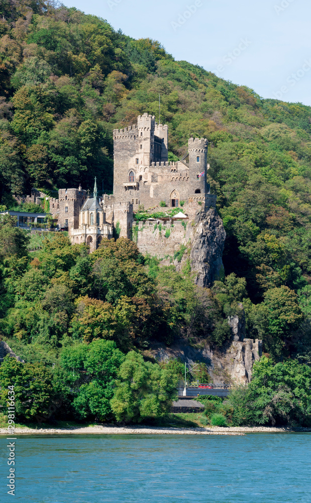 Rheinstein Castle photographing from the opposite side of the Rhine. Rhineland-Palatinate, Germany, Europe