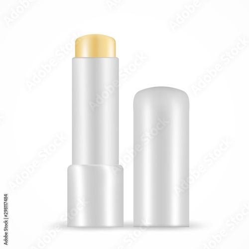 Lip balm vector set isolated on white. Opened stick mock up with grey plastic container. Moisturizing 3d natural beewax essence for lip skin protection. Ecological product for posters, ads, banners.
