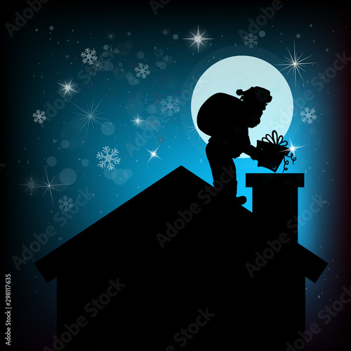 Santa Claus on the roof with a gift. Merry Christmas. Greeting card. Vector illustration