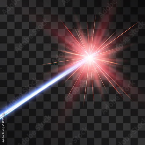 Blue laser beam light effect, burning explosion isolated on transparent background. Vector neon cold energy, red flash glowing gun ray with lens flare.  Hi tech shining design element for ads, posters