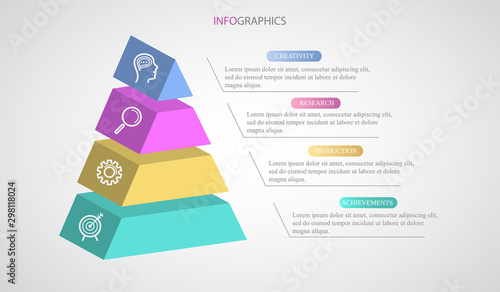 Business pyramid Infographic design workflow with icons and four steps. Paper 3d style process stages diagram. Layout for presentations, timeline calendar, productivity creative banner illustration.