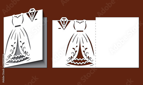 Laser cut template of wedding invitation with bride and groom clothes. Fold card with openwork silhouette of white bridal dress, tuxedo. Paper cutout postcard with holiday outfit. Vector illustration.