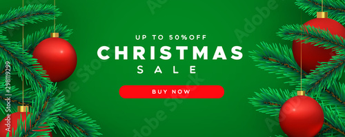 Christmas sale banner 3d pine tree and red bauble