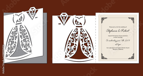 Laser cut template of wedding invitation with bride and groom clothes. Fold card with openwork silhouette of white bridal dress, tuxedo. Paper cutout postcard with holiday outfit. Vector illustration.