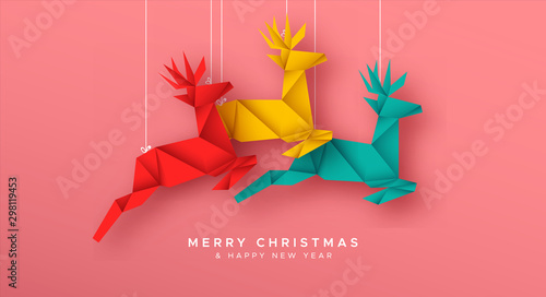 Christmas New Year reindeer paper origami card