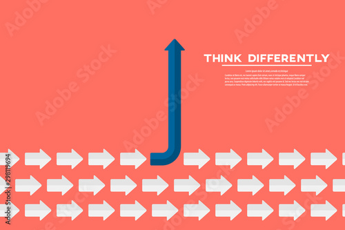 Think differently concept. Blue arrow changing direction. New idea, change, trend, courage, creative solution, innovation and unique way concept
