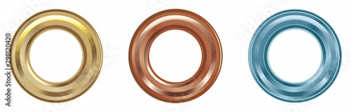 Solid Brass Eyelets, Multicolored eyelets, Grommets set isolated. Metal, brass, steel, gold, silver eyelets. Vector image.