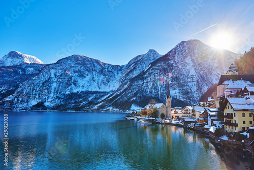 Beautiful winter landscape of Hallstatt mountain village with Hallstatter lake in Austrian Alps. Wide Panorama © Trambitski