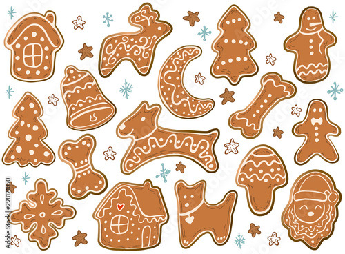 Holiday Collection. Set of gingerbread Christmas Cookies. Snowflake, sock, moon, ball, stars, angel, home, trees, dog, bone, Santa Claus. Merry Christmas. New Year. Vector illustration