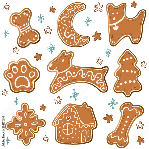 Holiday Collection. Set of gingerbread Christmas Cookies. Snowflake, bone, moon, stars, home, trees, foot. Merry Christmas. New Year. Template for greeting card, postcard. Vector illustration