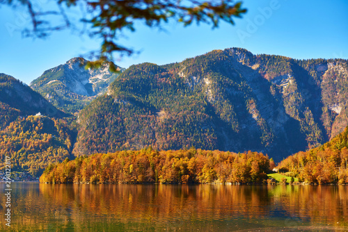 Hallstattersee near Obertraun. Beautiful Autumn in Salzkammergut region  Austria.