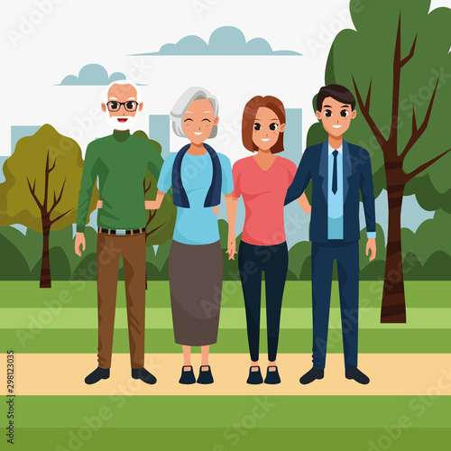 cartoon happy couple and old couple in the park, colorful design