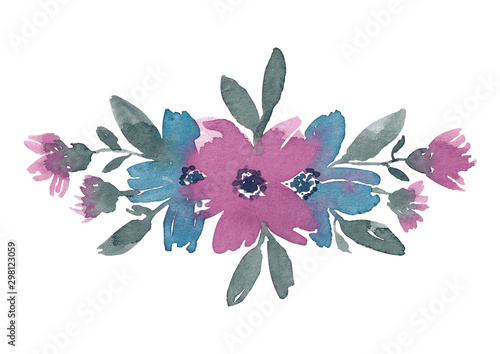 Fototapeta Naklejka Na Ścianę i Meble -  Hand drawn watercolor pink and blue flowers bouquet