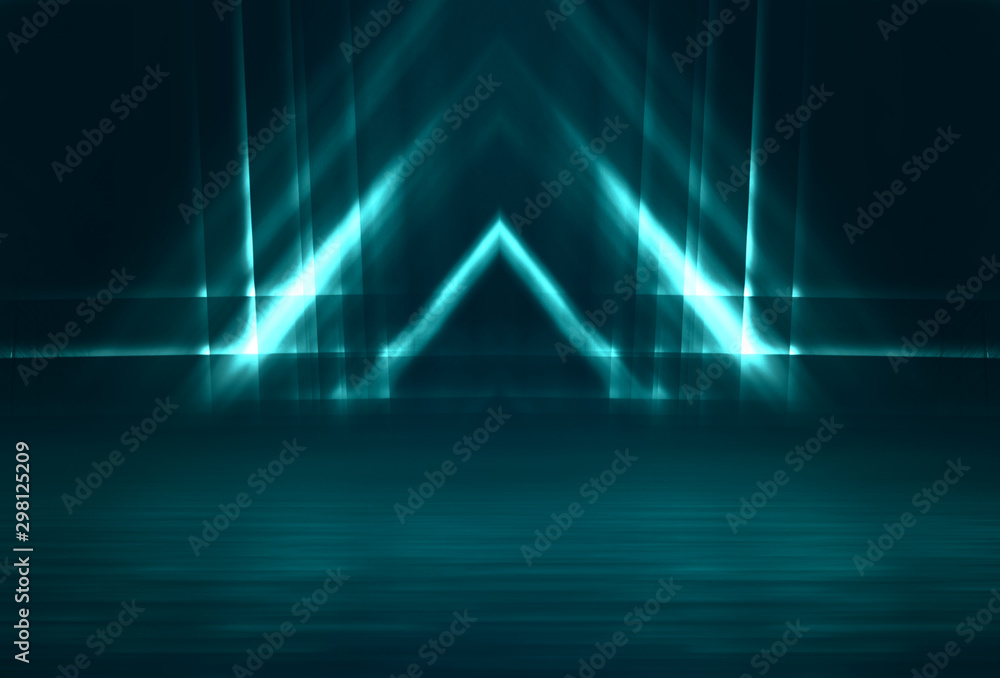 Empty background scene. Dark street reflection on wet asphalt. Rays of neon light in the dark, neon figures, smoke. Background of empty stage show. Abstract dark background. Empty background scene. Dark street reflection on wet asphalt. Rays of neon light in the dark, neon figures, smoke. Background of empty stage show. Abstract dark background.