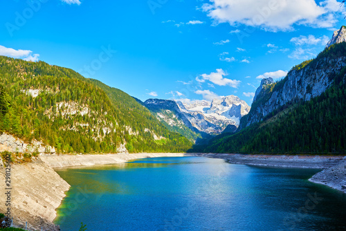 Beautiful Gosausee lake landscape with Dachstein mountains in Austrian Alps.