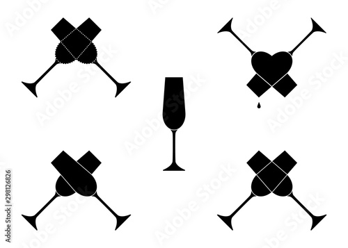 Set of logos. Glass of champagne, heart, new year, Christmas, Valentine's day. Flat style.