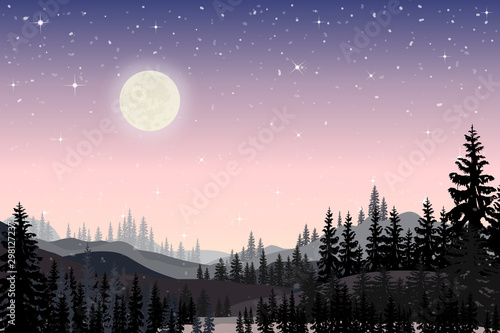 Panorama landscape of starry night with full behind mountain and pine tree, Panoramic the full moon rising with stars in Winter night forest, Background for Merry Christmas and Happy New Year