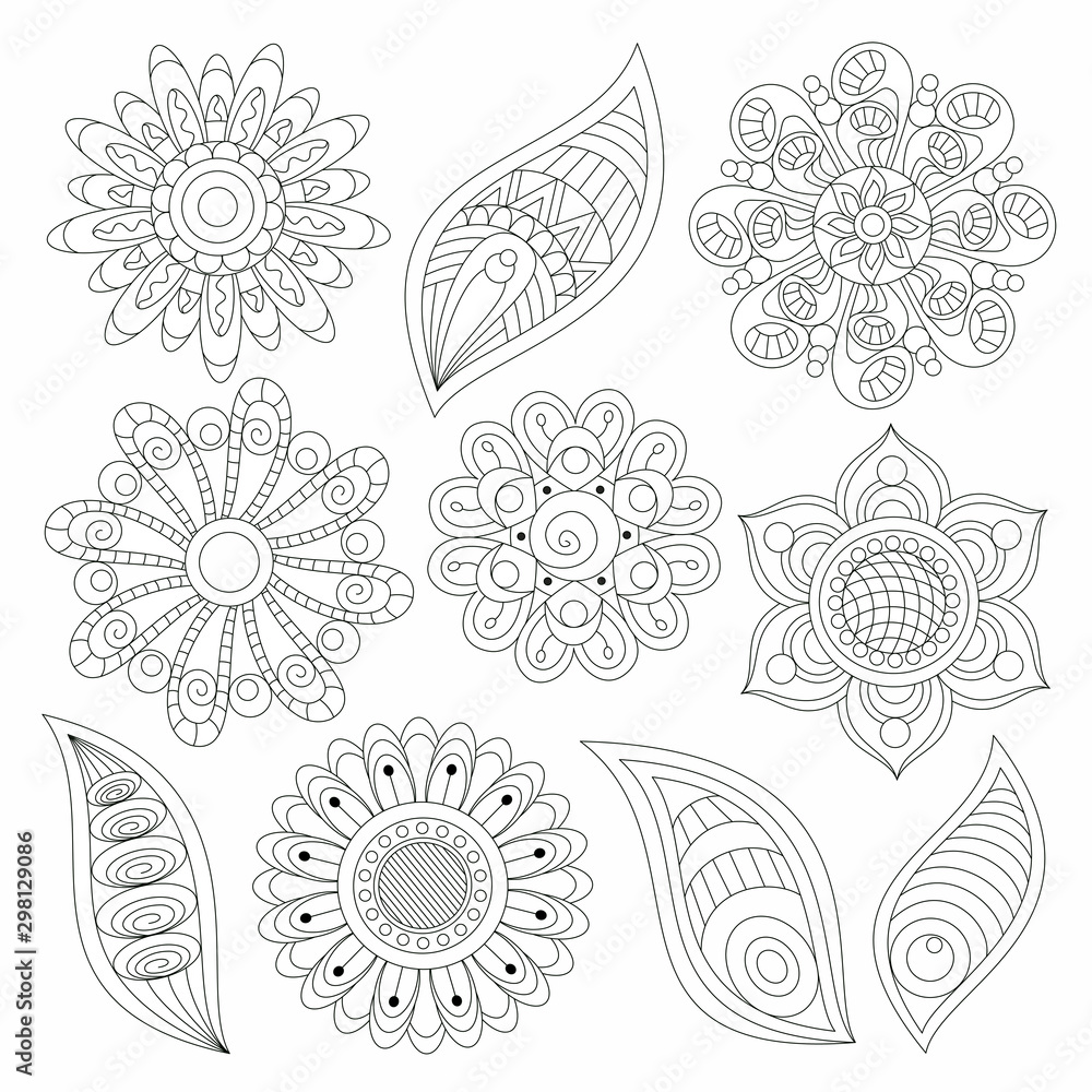 Floral collection and leaves in zentangle style set 20, for ...