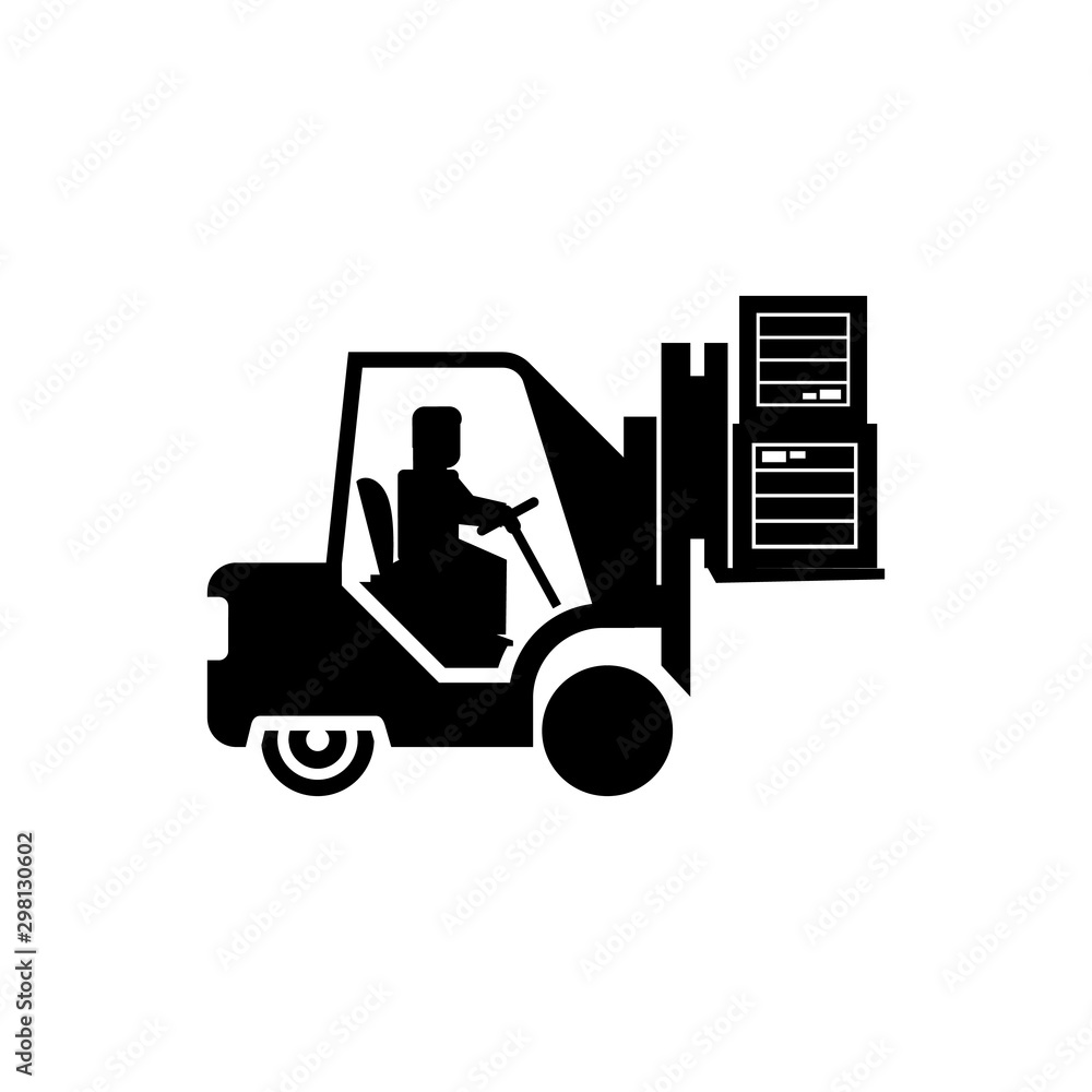 Forklift vector silhouette, heavy loader. Cargo from warehouse to truck. Storage equipment racks, pallets with goods. shipping and transportation concept. Lift truck vehicle for construction site.