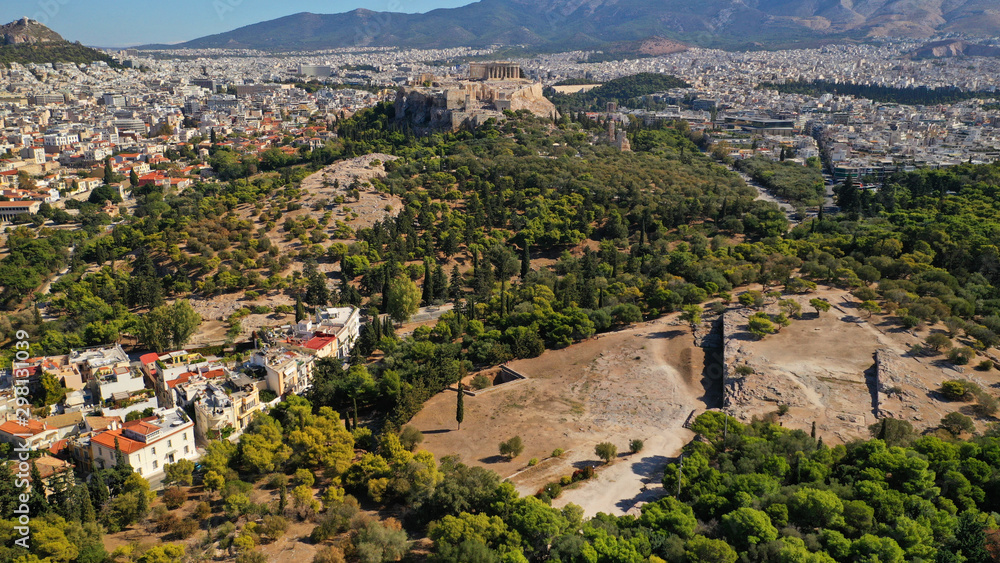 Aerial drone photo of Ancient Pnyka a famous gothering place of Athenians with great views to Acropolis hill and the Parthenon, Athens historic centre, Attica, Greece